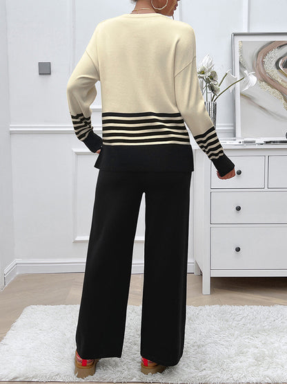 Long Sleeves Loose Contrast Color Split-Side Striped Round-Neck Sweater Top + Pants Bottom Two Pieces Set