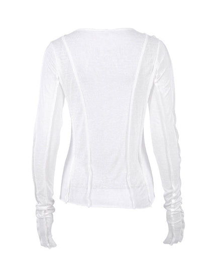 Long Sleeves Skinny Pleated Solid Color Round-Neck T-Shirts