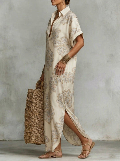 Loose Short Sleeves Buttoned Contrast Color Flower Print Split-Side Lapel Maxi Dresses