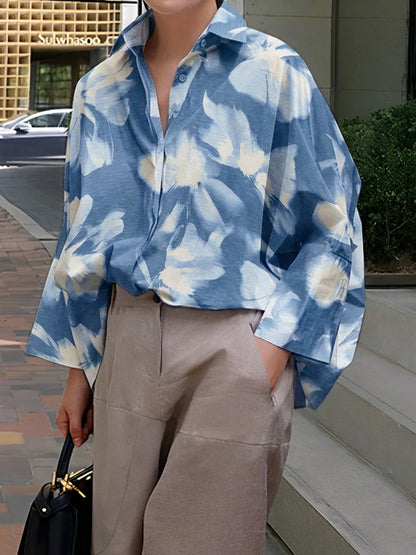 Batwing Sleeves High-Low Buttoned Contrast Color Printed Lapel Blouses&Shirts Tops