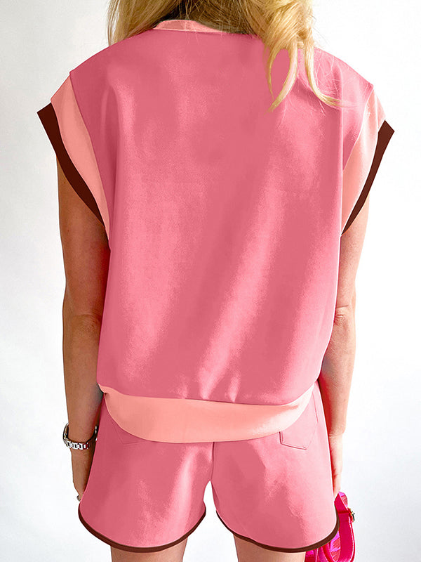 Loose Short Sleeves Contrast Color Split-Joint Round-Neck T-Shirt Top + Elasticity Pockets Shorts Bottom Two Pieces Set