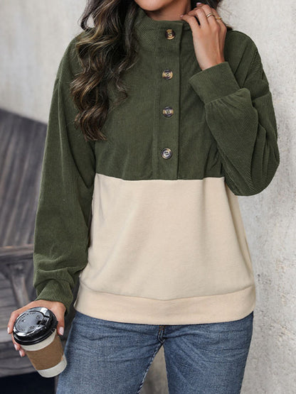 Long Sleeves Loose Buttoned Contrast Color Split-Joint Stand Collar Sweatshirt Tops
