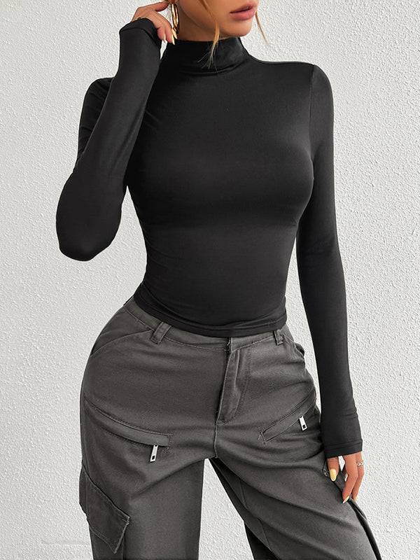 Long Sleeves Skinny Solid Color High Neck T-Shirts Tops