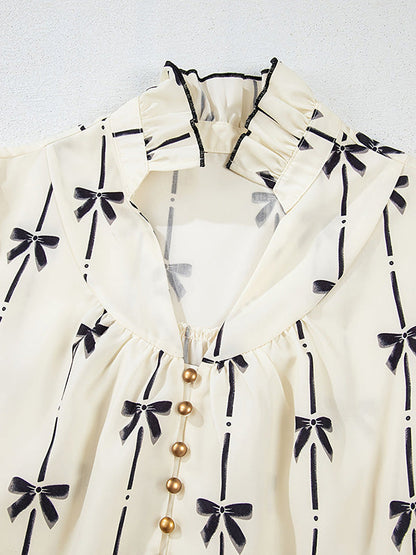 A-Line Loose Bowknot Contrast Color Printed Split-Joint Stand Collar Midi Dresses