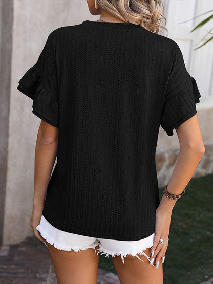 Wrap Falbala Solid Color Round-Neck T-Shirts Tops