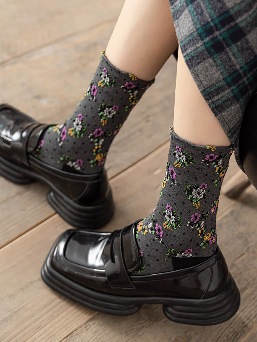 5 Pairs Spring Autumn National Vintage Artsy Jacquard Socks