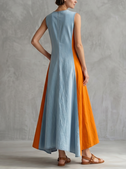 A-Line Loose Contrast Color Split-Front Round-Neck Maxi Dresses