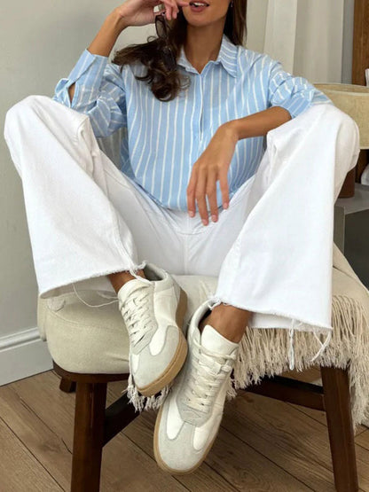 Long Sleeves Loose Buttoned Contrast Color Split-Joint Striped Lapel Blouses&Shirts Tops