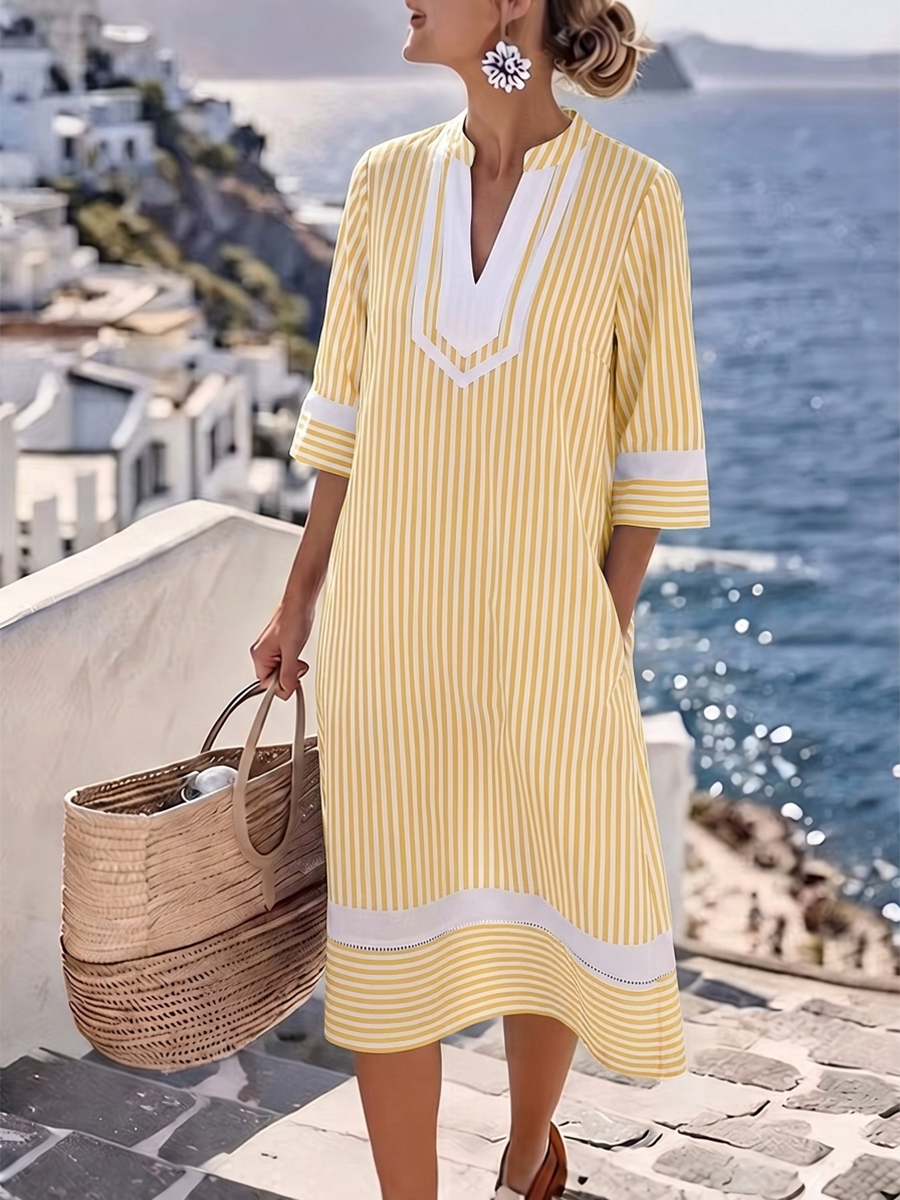 Striped Printed Pockets Contrast Color Loose Half Sleeves V-neck Midi Dresses