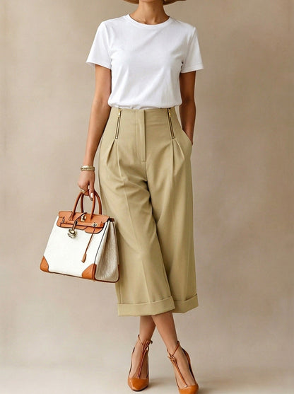 High Waisted Wide Leg Elasticity Pleated Pockets Solid Color Zipper Capri-Pants Cropped Trousers