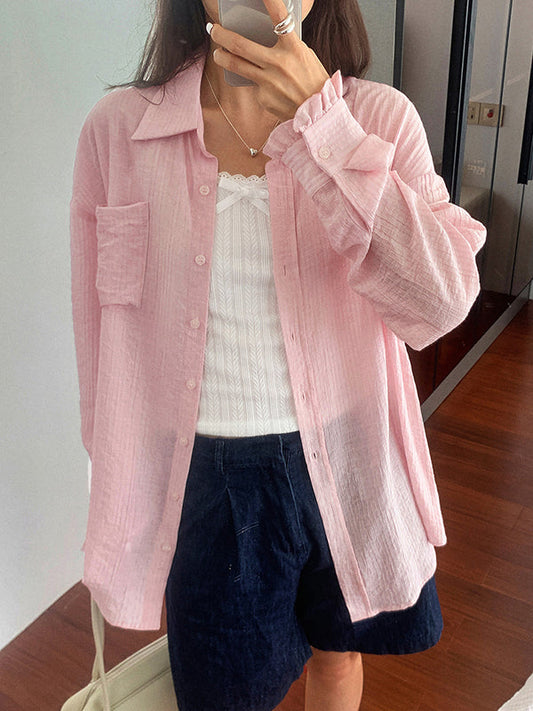 Long Sleeves Loose Buttoned Pockets Ruffle Trim Solid Color Lapel Blouses&Shirts Tops