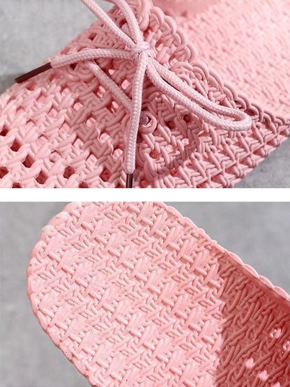 Hollow Lace-Up Round-Toe Mules&Slides Slippers