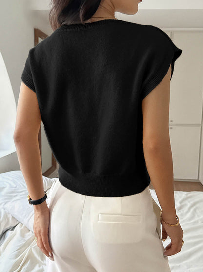 Short Sleeves Flower-Embellished Solid Color Split-Joint One-Shoulder Sweater Tops