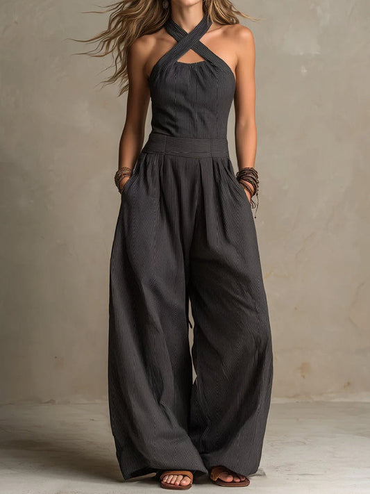 High Waisted Plus Size Pleated Pockets Solid Color Halter-Neck Jumpsuits