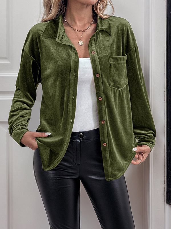 Long Sleeves Loose Buttoned Pockets Solid Color Split-Joint Velvet Lapel Blouses&Shirts Tops