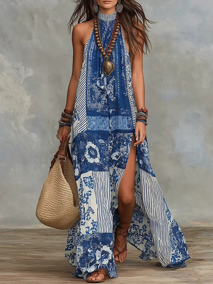 A-Line Loose Backless Contrast Color Flower Print Printed Split-Side Striped Halter-Neck Maxi Dresses