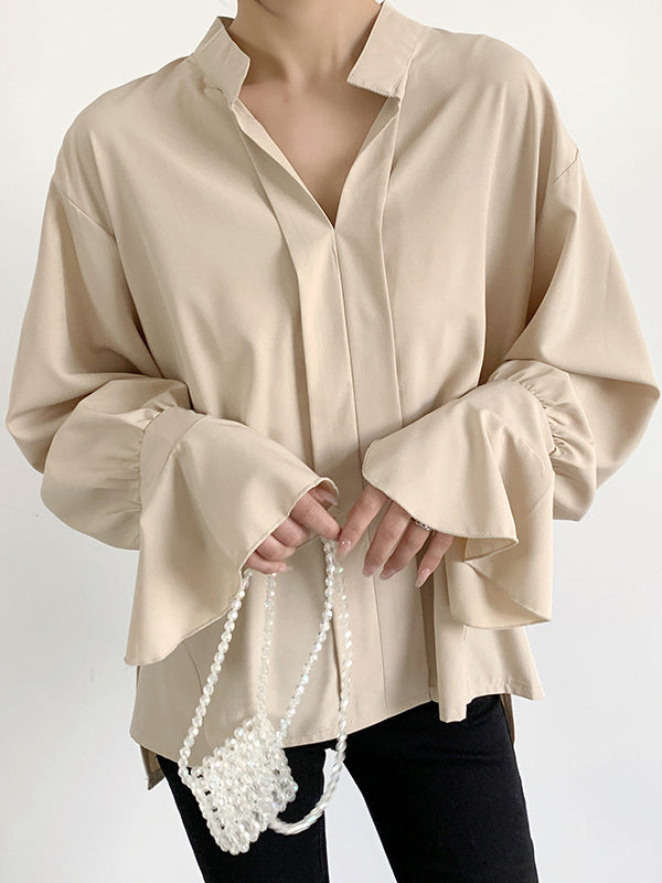Flared Sleeves High-Low Buttoned Solid Color Split-Side V-Neck Blouses&Shirts Tops