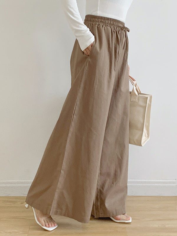 High Waisted Loose Drawstring Elasticity Pockets Solid Color Pants Trousers