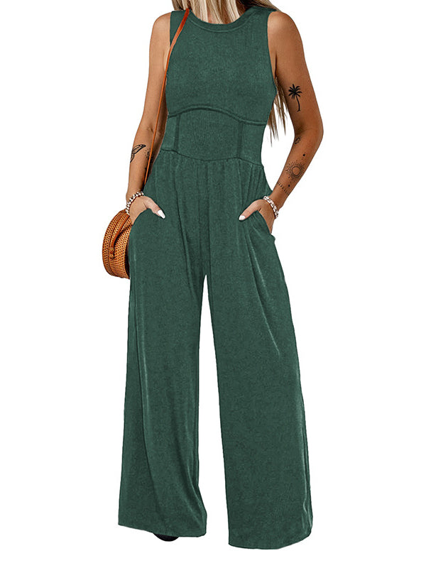 High Waisted Loose Pockets Solid Color Round-Neck Jumpsuits