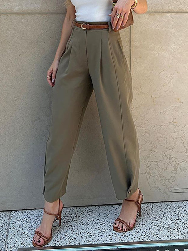 High Waisted Loose Buttoned No Belt Pleated Pockets Suit Pants