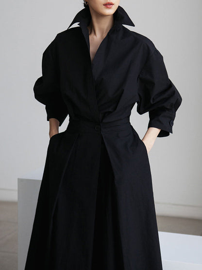 Long Sleeves Loose Buttoned Solid Color Lapel Midi Dresses