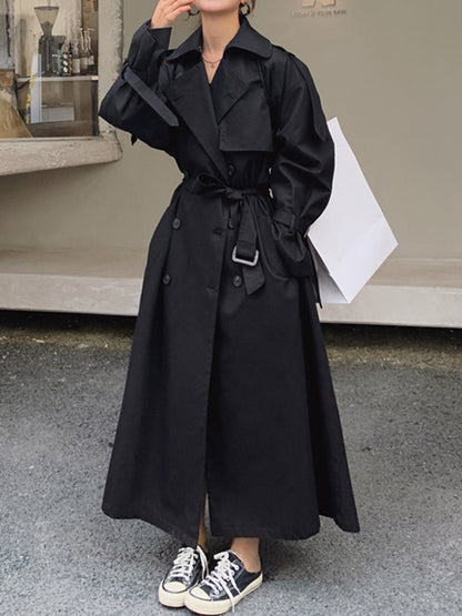 Long Sleeves Loose Buckle Buttoned Solid Color Split-Back Lapel Trench Coats