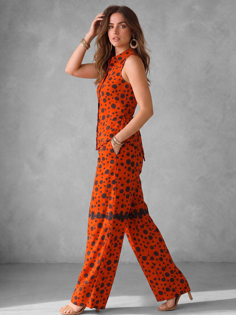 Split-Joint Polka-Dot Pockets Contrast Color High Waisted Trousers Pants