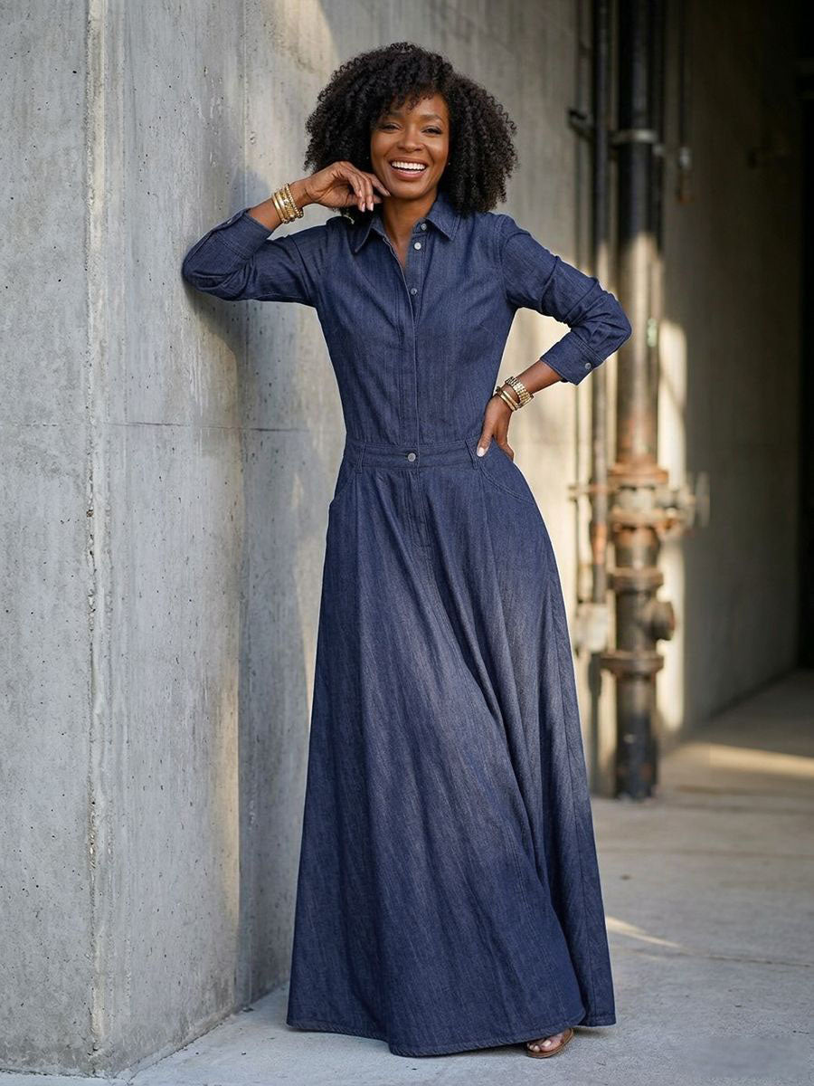 Split-Joint Solid Color Pockets Buttoned Long Sleeves High Waisted Lapel Maxi Dresses