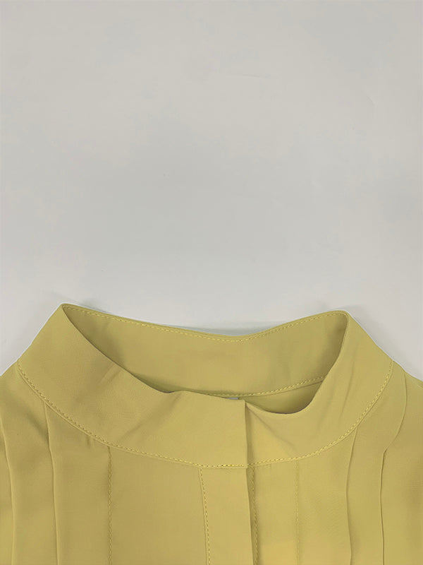 A-Line Long Sleeves Buttoned Pleated Pockets Solid Color Tied Waist V-Neck Maxi Dresses