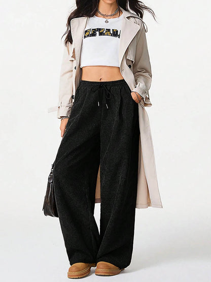 High Waisted Wide Leg Drawstring Elasticity Pockets Solid Color Pants Trousers