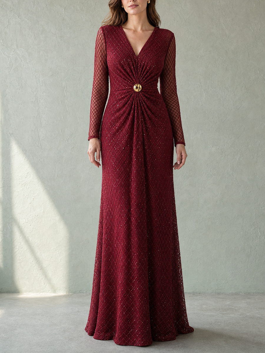 Zipper Solid Color Sequined See-Through Pleated Buttoned Long Sleeves Bodycon V-neck Maxi Dresses