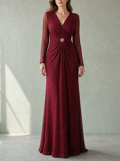 Zipper Solid Color Sequined See-Through Pleated Buttoned Long Sleeves Bodycon V-neck Maxi Dresses