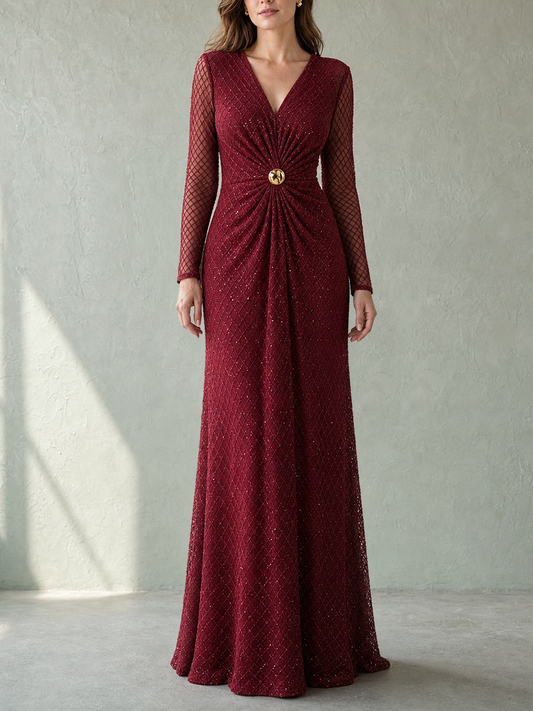 Zipper Solid Color Sequined See-Through Pleated Buttoned Long Sleeves Bodycon V-neck Maxi Dresses