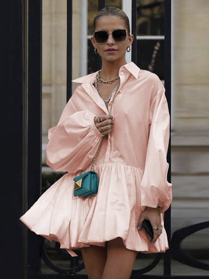 Puff Sleeves Buttoned Solid Color Split-Joint Lapel Mini Dresses Shirt Dress