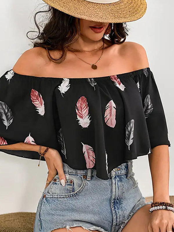 Half Sleeves Loose Leaves Print Pleated Split-Joint Off-the-shoulder Blouses&shirts Tops