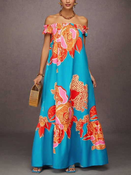 A-Line Loose Elasticity Flower Print Pleated Split-Joint Off-The-Shoulder Maxi Dresses
