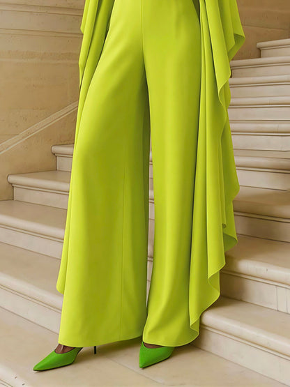 Flared Sleeves High Waisted Pockets Solid Color Deep V-Neck Jumpsuits
