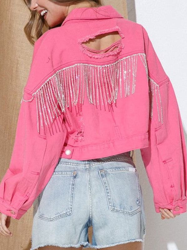 Long Sleeves Loose Fringed Ripped Split-Joint Tasseled Lapel Jackets