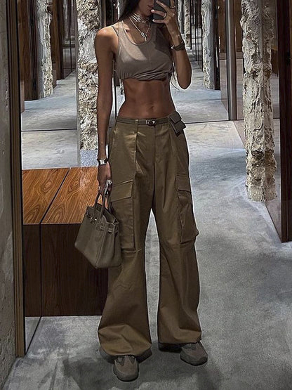 Loose Wide Leg Buttoned Pockets Solid Color Split-Joint Pants Trousers