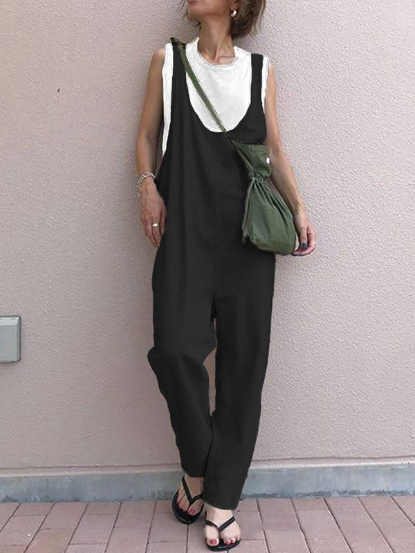 Loose Sleeveless Solid Color Split-Joint U-Neck Overalls