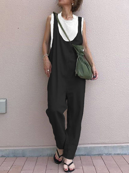 Loose Sleeveless Solid Color Split-Joint U-Neck Overalls