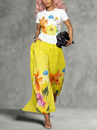 Short Sleeves Flower Print Solid Color Round-Neck T-Shirts