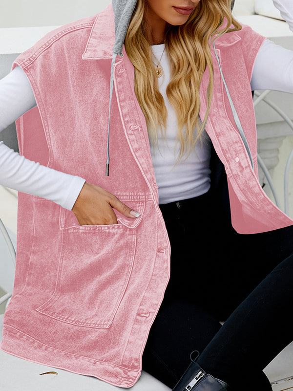 Loose Sleeveless Buttoned Detachable Hooded Pockets Split-Joint Lapel Collar Vest Outerwear