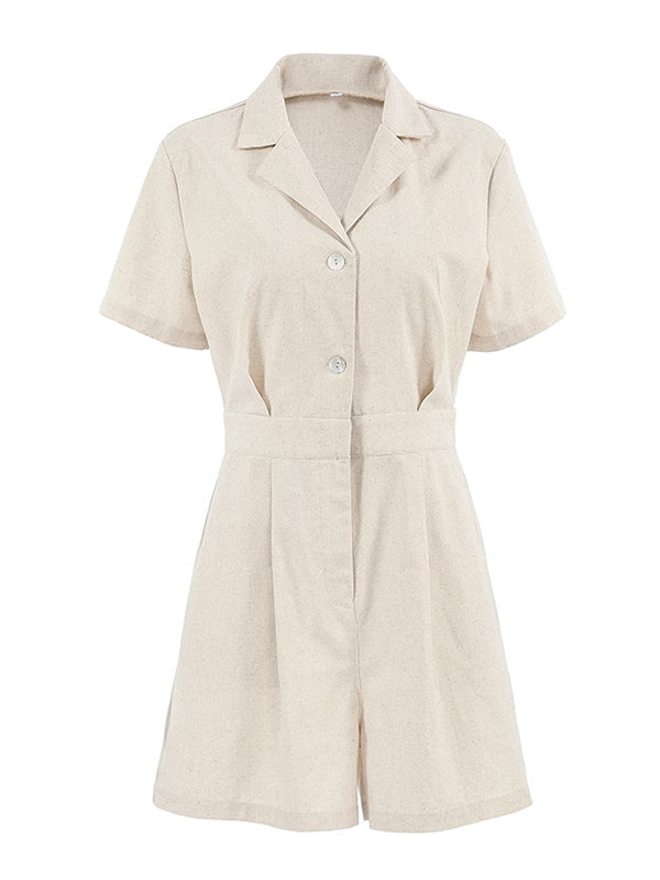High Waisted Loose Buttoned Pleated Pockets Solid Color Split-Joint Notched Collar Rompers