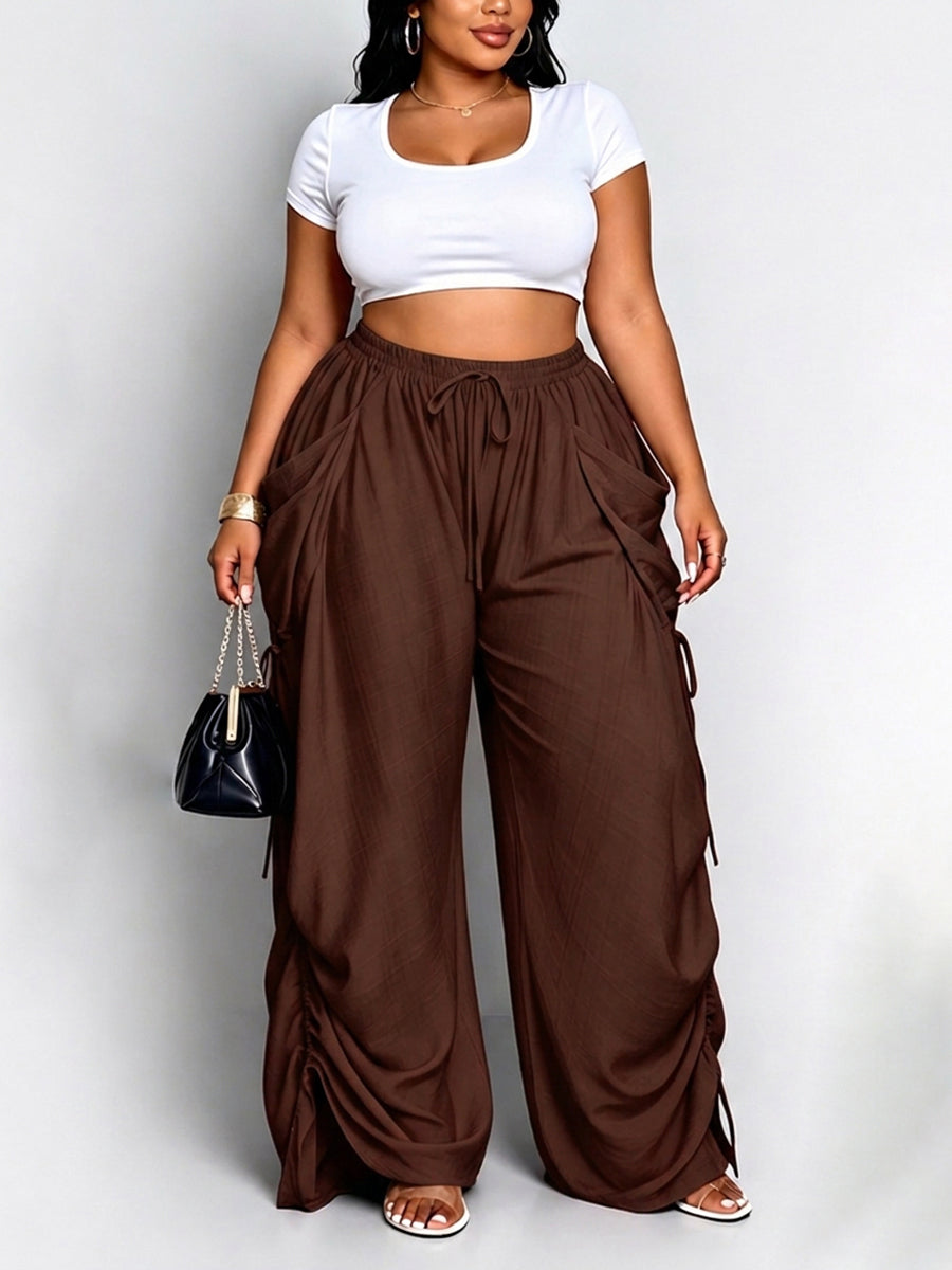 High Waisted Loose Drawstring Elasticity Pockets Split-Joint Pants Trousers