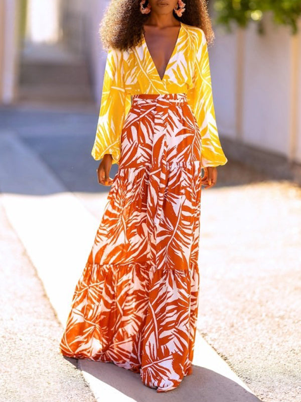 High Waisted Loose Layered Leaves Print Skirts Bottoms