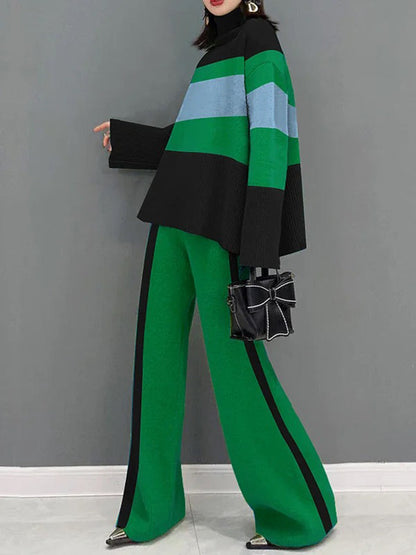 Flared Sleeves Long Sleeves Contrast Color Ribbed Knit Split-Joint Striped High Neck Two Pieces Set