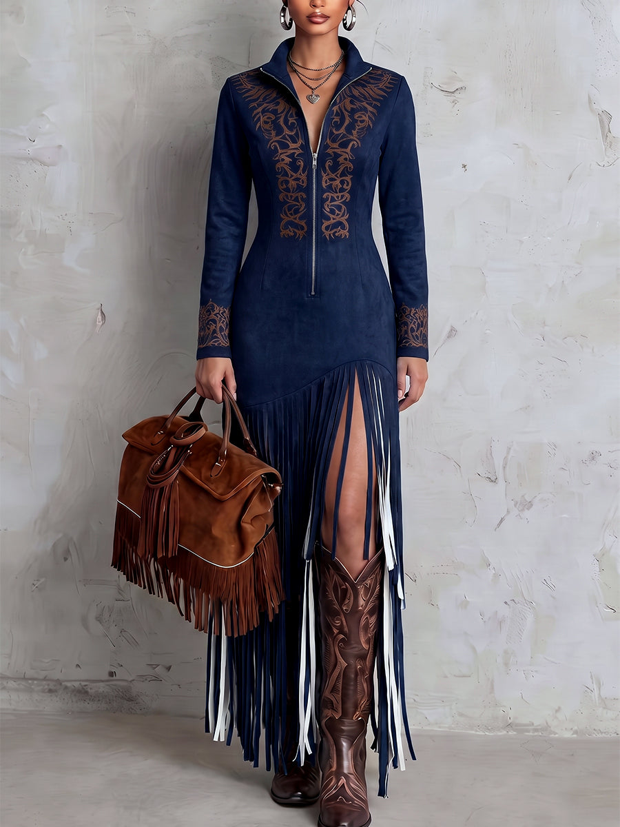 Zipper Tasseled Split-Joint Printed Contrast Color Long Sleeves Irregularity V-neck Maxi Dresses