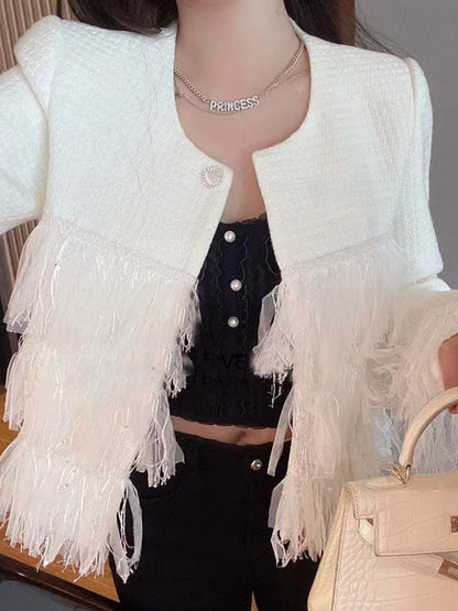 Long Sleeves Loose Buttoned Split-Joint Tasseled Round-Neck Outerwear Woolen Coat