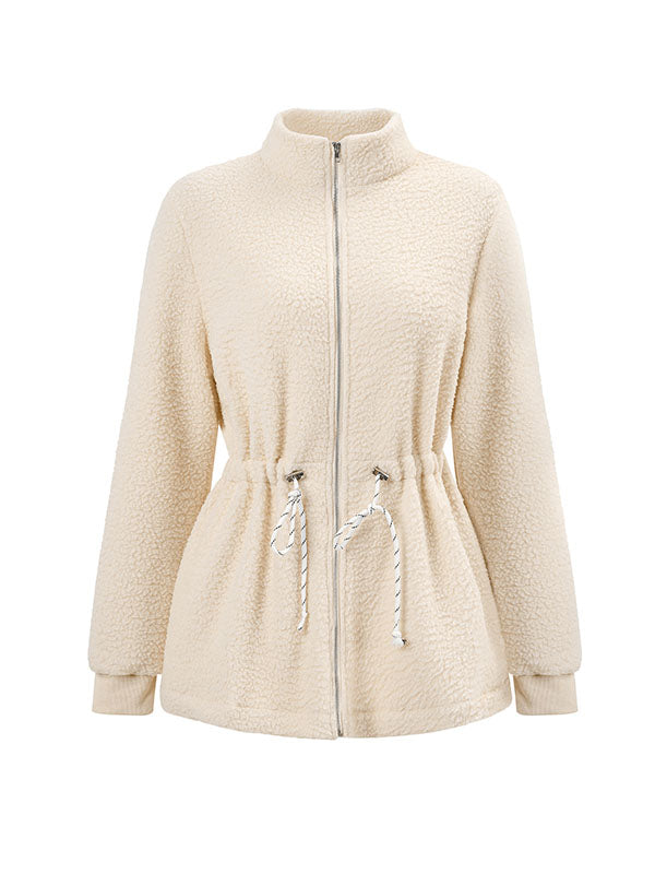 Long Sleeves Loose Drawstring Solid Color Velvet Zipper Stand Collar Outerwear